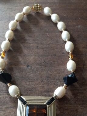 Vintage Pearl and Bead Statement Necklace with Amber Pendant Art Deco Revival